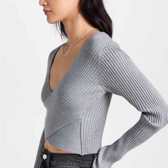 Gray Ribbed Wrap Top - Picture 2 of 5